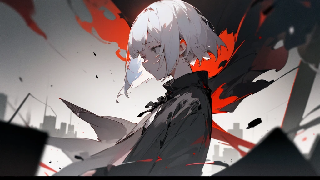 (masterpiece、highest quality)、Short nape hair、1 girl with very short white hair、Black cardigan、Grim expression、Grey Eyes、Warm lighting、 Blurred foreground、Deep in the night、High Contrast、night、In the city,it's snowing,Heavy snowfall,winter,Alone in the vast snowy field,whole body,curse,Facing forward,Huge construction,Flying with robot wings,full moon