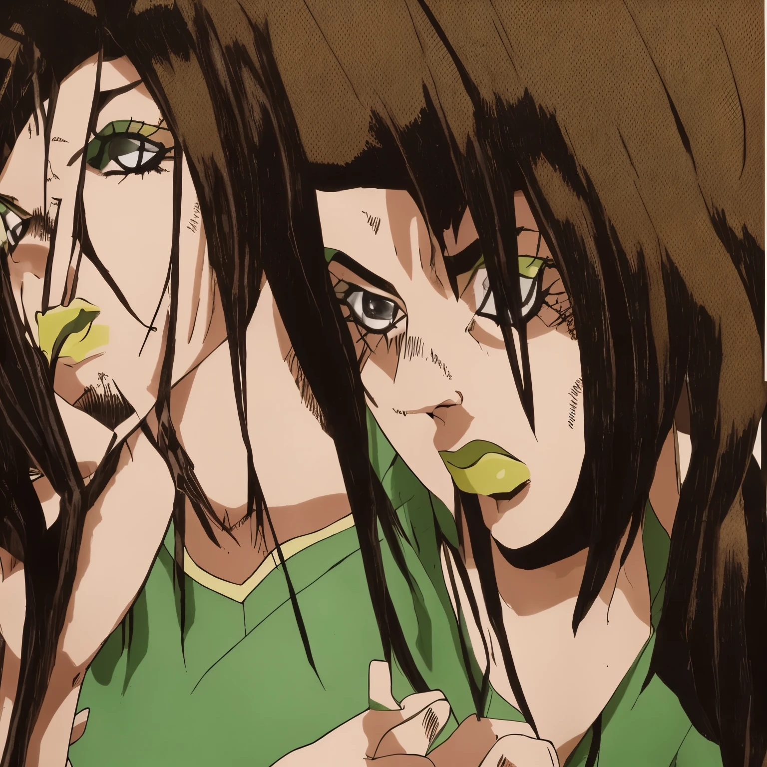 Chica de cabello negro y corto, con un flequillo en pico, con los mechones de enfrente largos, brown eyes dressed in a green Japanese uniform
