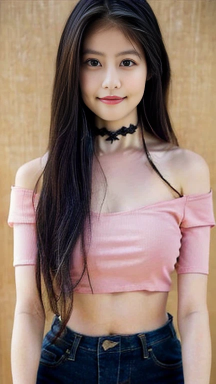 Middle Chest,Beautiful and beautiful eyes, (Long Hair:1.2), (8k, highest quality, masterpiece:1.2), (Realistic, Realistic:1.37), Very detailed, 1 girl, cute, alone, (blush), (smile: 1.15), (Mouth closed、shorts jeans、Black Off-Shoulder Knit、Belly button、Black Choker、Berry Shorts