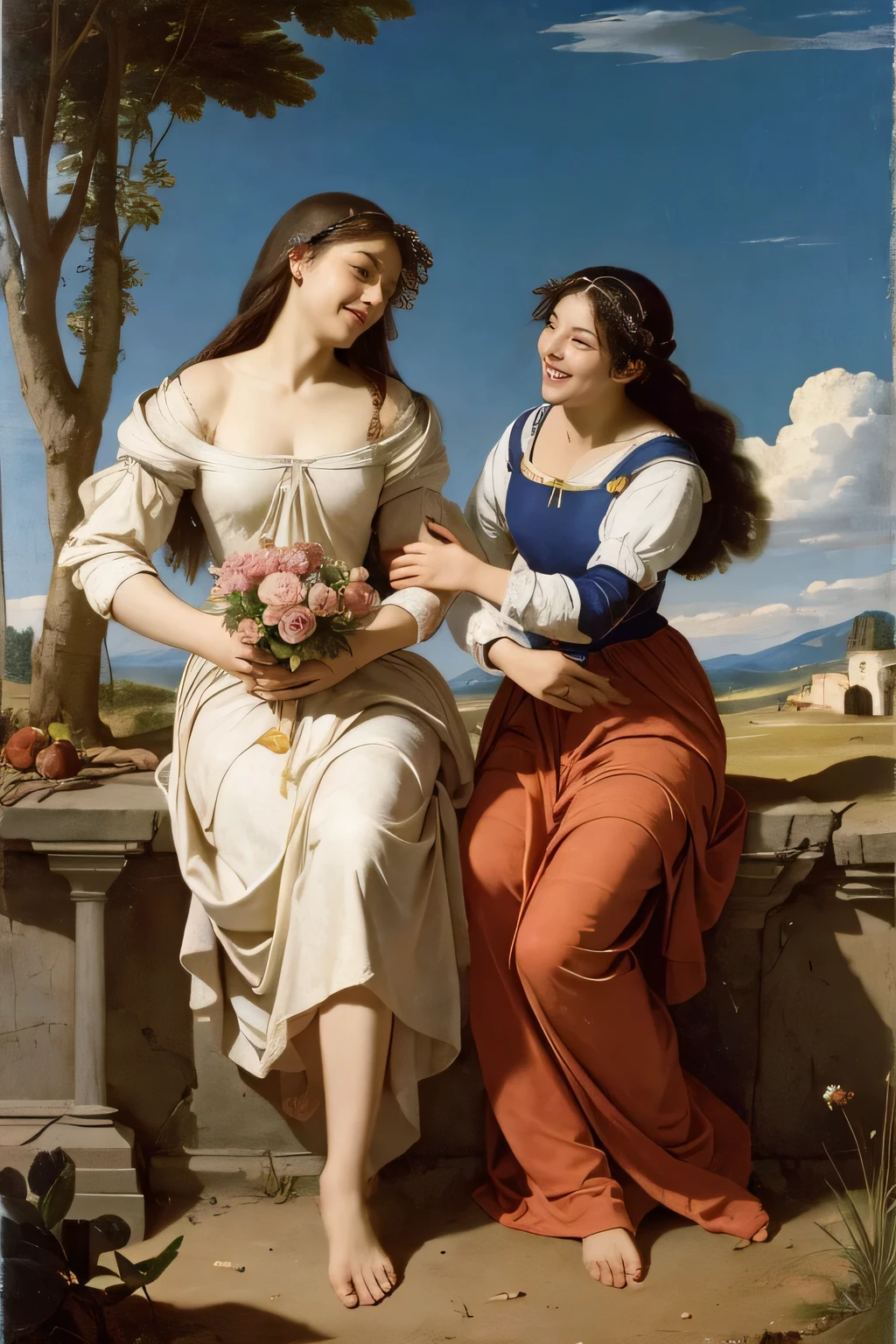 full body portrait or statue、Giorgione painting style,Arguments of two female Philosophe,math、astronomical machine、astronaut、roses in vase、fruits、Cute trinkets、smile、ancient greek costume、Ancient Roman landscape in the style of Nicolas Poussin,laughter,,Sweet and seductive appearance.、Caravaggio's paintings、Chiaroscuro of Caravaggio、hair tousled by the wind,Two women frolicking,cute smile, expression of ecstasy,Sexy,erotic,