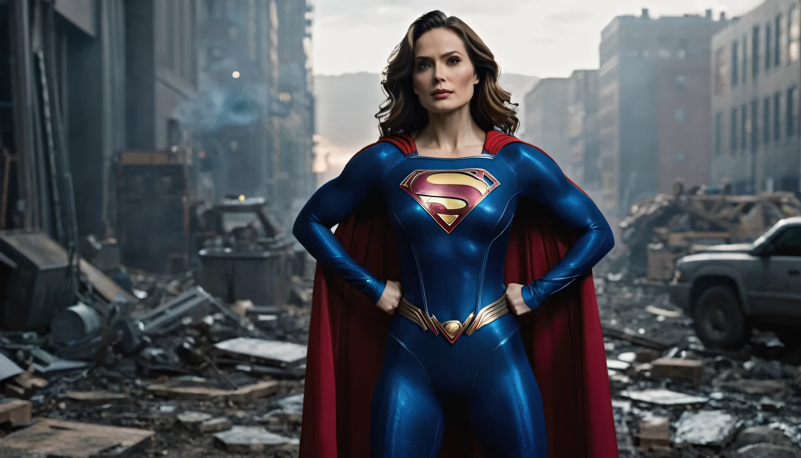 (((Full body)))MARVEL CINEMATIC UNIVERSE, Marvel, DC, Elizabeth Natalie Schram in 2006 Superman costume, epic background, upper body, badass look, photo (Masterpiece) (Best quality) (detail) (8K) (HD) (Wallpaper) (Cinematic lighting) (Sharp Focus) (Intricate)