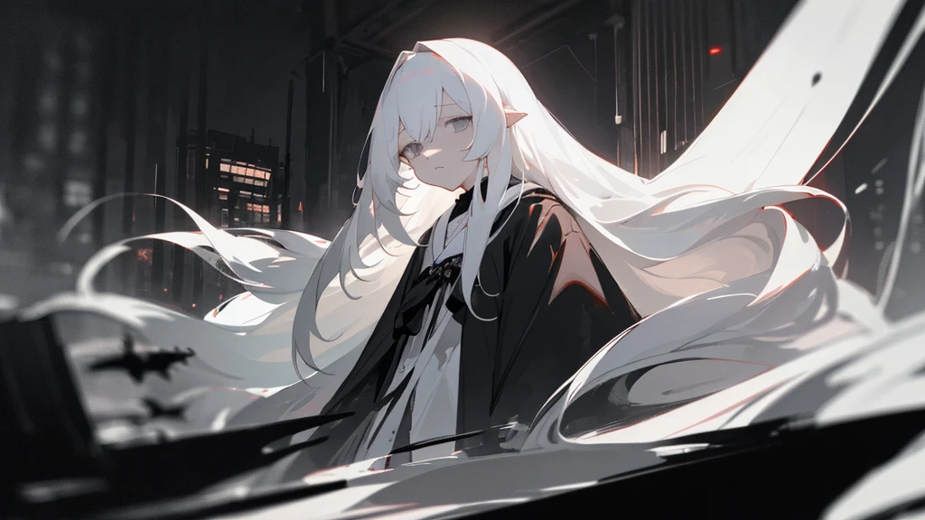 (masterpiece、highest quality)、Very long white hair、Very long white hairの女の1人、Black cardigan、Grim expression、Grey Eyes、Warm lighting、 Blurred foreground、Deep in the night、High Contrast、night、In the city,it's snowing,Heavy snowfall,winter,Alone in the vast snowy field,whole body,curse,Facing forward,Huge construction,Flying with robot wings,Long Hair,Pitch black night,full moon,universe,Princess Kaguya,planet