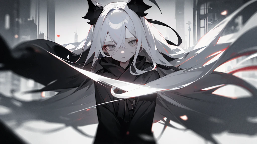(masterpiece、highest quality)、Very long white hair、Very long white hairの女の1人、Black cardigan、Grim expression、Grey Eyes、Warm lighting、 Blurred foreground、Deep in the night、High Contrast、night、In the city,it's snowing,Heavy snowfall,winter,Alone in the vast snowy field,whole body,curse,Facing forward,Huge construction,Flying with robot wings,Long Hair,Pitch black night,full moon,universe,Princess Kaguya,planet