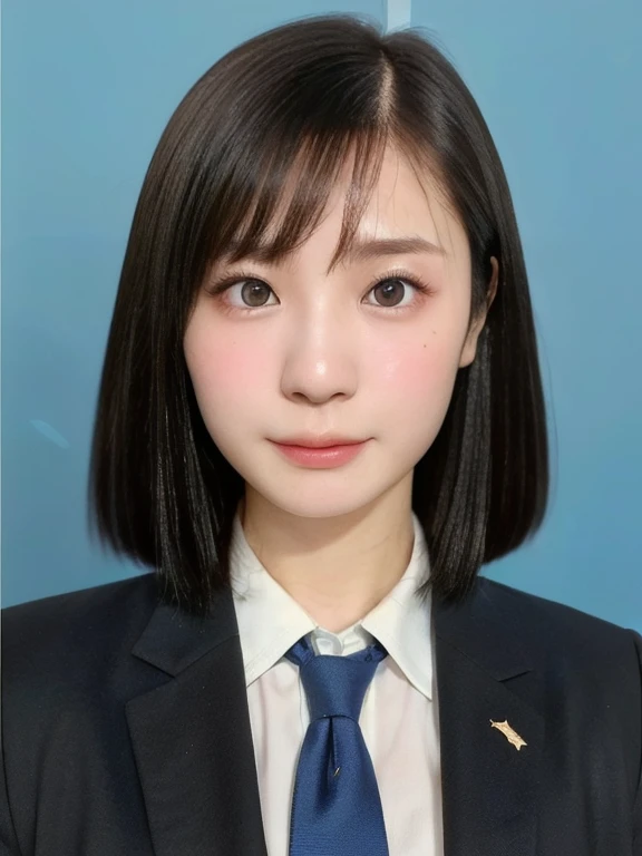 (kawaii 24 year-old Japanese girl, Nogizaka idol, Korean idol), (glossy black hair, short bob, even and symmetric hair design:1.3), (deep black eyes, rounded face, single eyelid, no makeup, serious expression:1.2), (wearing suit jacket, collared shirt, necktie:1.3), (extra small breasts:0.9), (facing straight at camera:1.2), BREAK, (simple blue background, yearbook background:1.3), (portrait, id photo, bust shot, view from straight forward:1.3), (keep enough top margin to avoid the head cropped:1.3), BREAK, (masterpiece, best quality, photo realistic, official art:1.4), (UHD, 8K quality wallpaper, high resolution, raw photo, golden ratio:1.3), (shiny skin), professional lighting, physically based rendering, award winning, (highly detailed skin, extremely detailed face and eyes), Carl Zeiss 85 mm F/1.4, depth of field, 1girl, solo,