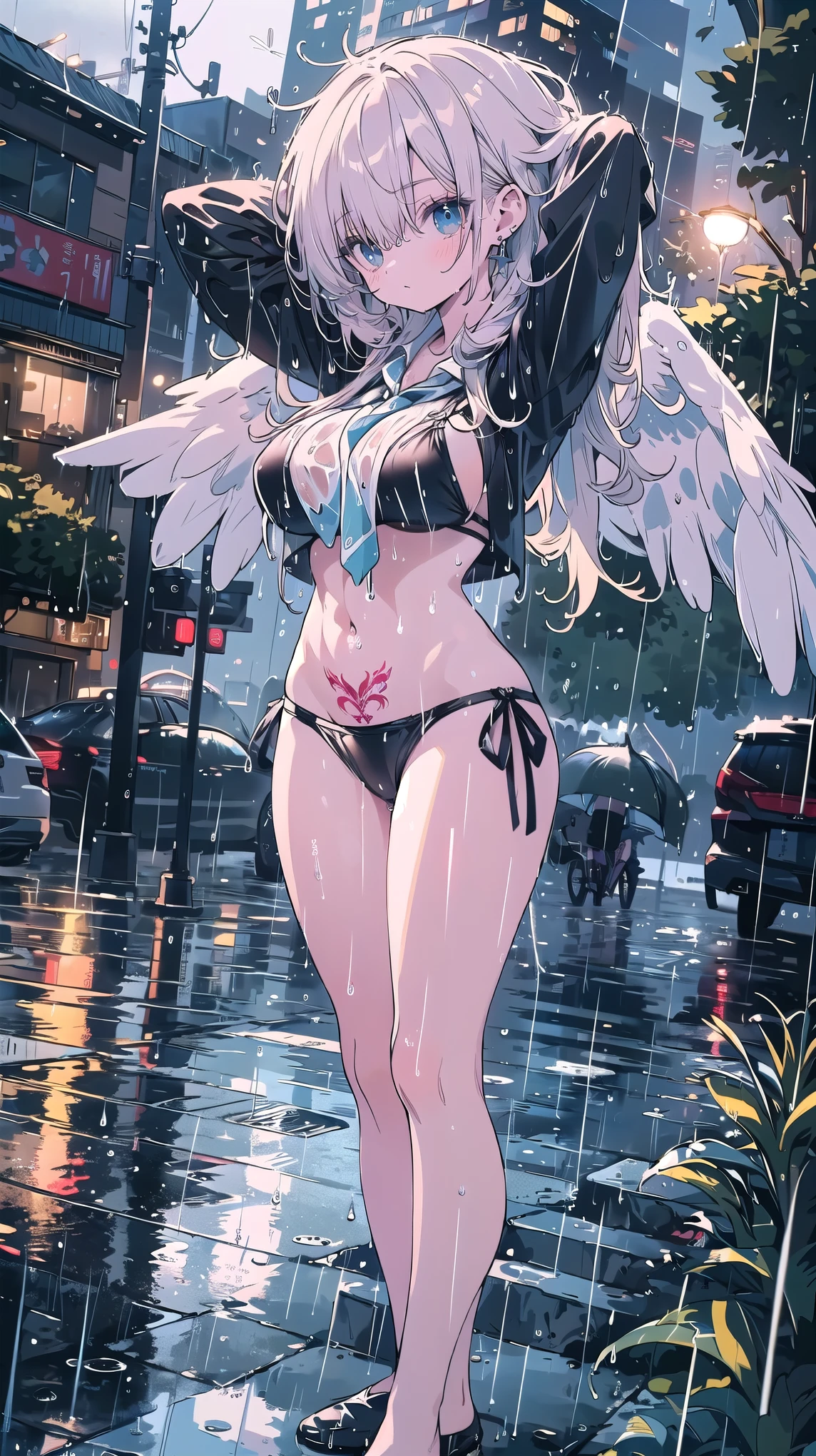 ((masterpiece)), Highest quality, Beautiful details, Perfect focus, Uniform 8k wallpaper, 4320p, High resolution, Exquisite texture down to the smallest detail, Detailed Background, Medium Shot Photo, 1 Girl Black Micro_bikini getting wet in the rain, alone, View your viewers, Front Angel, hair, Eyes with heterochromia, red_blue eyes, Ultra-realistic detailed eyes, High detail of sclera and pupil, (((Well drawn eyes))), ((huge_chest)), ((Hidden Hand)), (((Pose with arms folded behind the head)))), (((Well drawn hands))), abdomen, Abdominal muscles, tattoo, pararel, thing, feet, Detailed face, Perfect Eyes, Sterling, anatomy human perfect, ((rain: 1.5)), (Wet Face), (Streets in the background to the city),