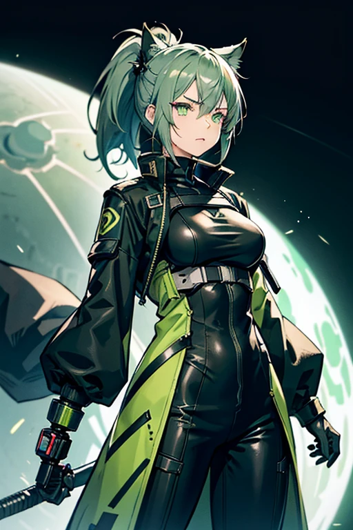 tired, annoyed, anime cat woman, green eyes and light green hair, cybernetic eye prosthesis, eye patch, face scar, sci-fi, techwear, missing eye, burns, eye prosthesis, muscular, messy ponytail, B-cup breasts, single character, long green jacket, space background, 1girl, solo, fully clothed, glowing green eye, night sky, confident, assertive, pants, from ARKNIGHTs, battle scars