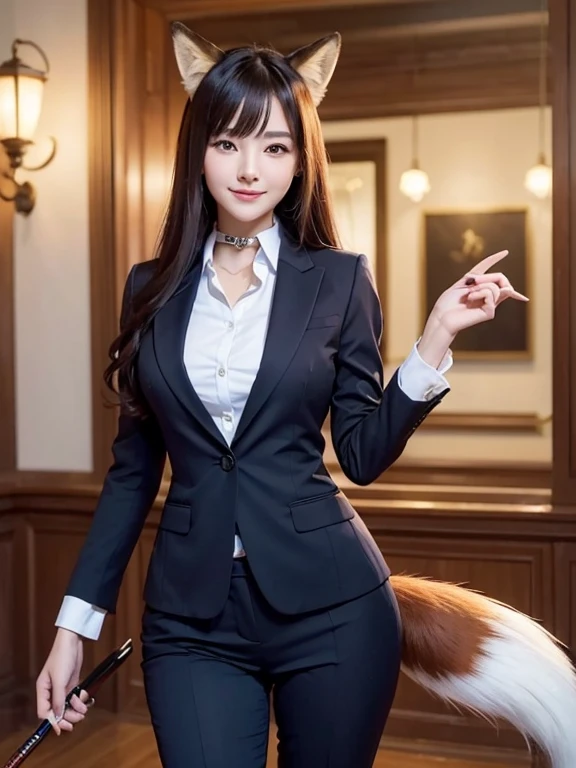 ((highest quality, 32k)), ((masterpiece)), (Get used to it), Perfect Face, Fox Girl, Beautiful woman, public, There is a tail, she has a fox tail, She wags her fluffy tail, smile, collar, She wears a business suit, Beautiful hip line, A tail sticking out from a business suit