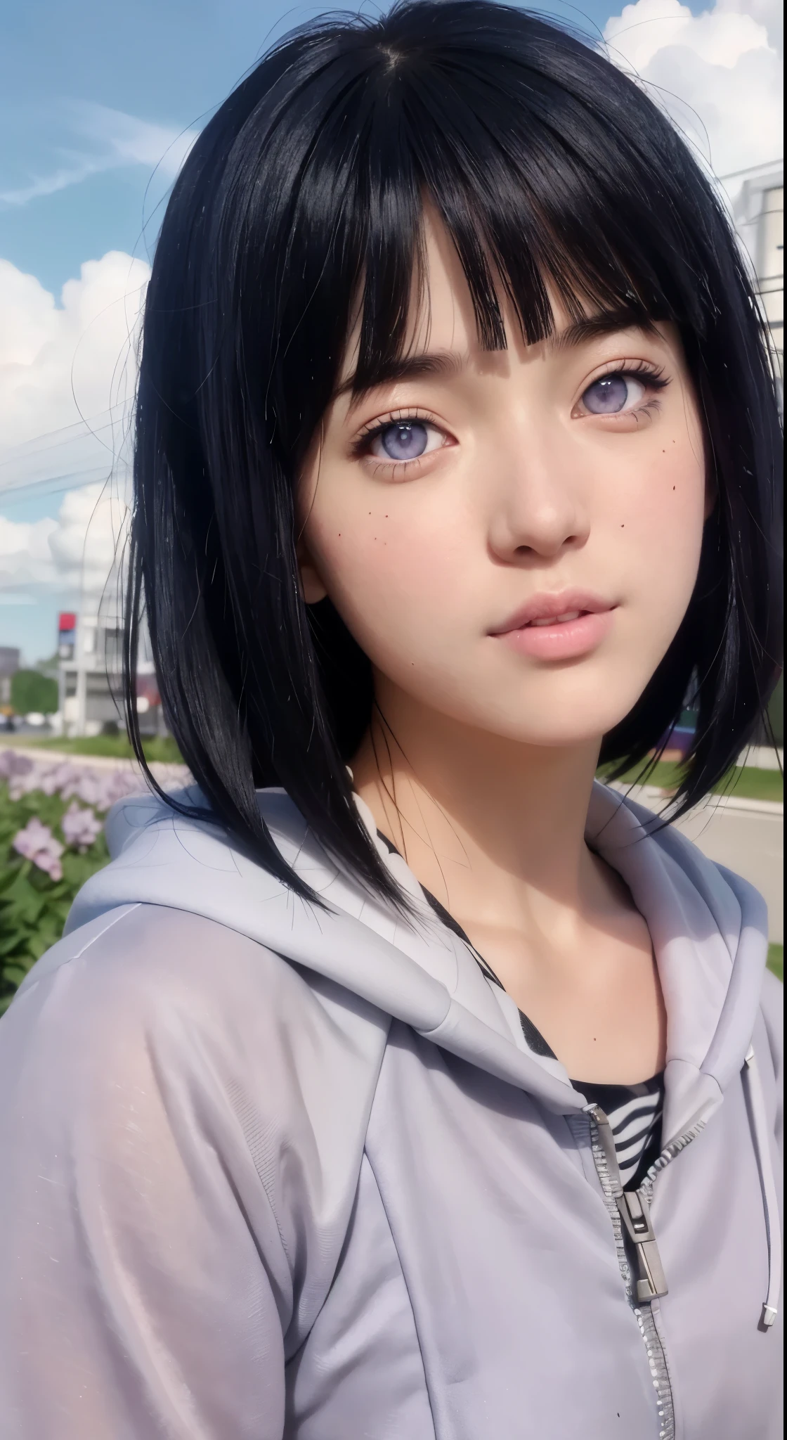 close up image of a person with long hair and a hoodie, hinata hyuga, hinata hyuga from naruto, from naruto, as an anime character, perfect anime face, she has dark blue hair with bangs, female anime character, anime characters, best anime girls, style hime cut hair, dark blue hair, pink lips, light purple eyes, smile, (pretty face:1.3)Best Quality, Masterpiece, Ultra High Resolution, (Realistic: 1.4), Real Photo, Side Light, Delicate Beautiful Eyes: 1.2, Masterpiece* Portrait, Realism, 1 Girl, Highly Detailed, perfect, Hinata Hyuga, realistic photo, realistic anime , realistic style,Real life adaptation of this character, beautiful teenage face, equally realistic hair, (same realistic clothes), realistic light, realistic shadows, realism, hyper realistic, (photorealistic: 1.2), normal small eyes, perfect work , detailed photos, clear camera view, very clear posts. detailed quality, realistic characters, very detailed photo quality, very similar to the characters, very HD photo images, clear and smooth