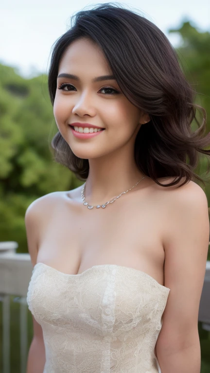 (8k, RAW Photos, Best Quality, Highest Resolution: 1.1), (Ultra Realistic: 1.4), (Realistic, Photorealistic: 1.3), young girl, (Malay  look), wearing low cut , walking at beach, (dimples cheek), Realistic Face, Realistic Body, Realistic Skin, front view, Absurdity, Masterpiece, (Cute: 1.8), Cuties, Solo, Detailed Black Eyes, Innocent Eyes, Film grain, long simple necklace,  ((hair black, long layer cut, wavy)), cherry colored lips,  open lips, cleavage, slim, small breast,nipples, upper teeth, cute smile show teeth, (smiling eyes: 0.6), (grin: 1.2)), depth of field, blurred background, eye focus, bokeh, ambient soft lighting, 