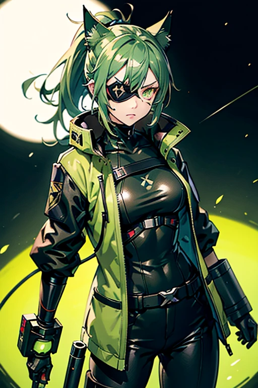tired, annoyed, anime cat woman, green eyes and light green hair, cybernetic eye prosthesis, eye patch, face scar, sci-fi, techwear, missing eye, burns, eye prosthesis, muscular, messy ponytail, B-cup breasts, single character, long green jacket, space background, 1girl, solo, fully clothed, glowing green eye, night sky, confident, assertive, pants, from ARKNIGHTs, battle scars