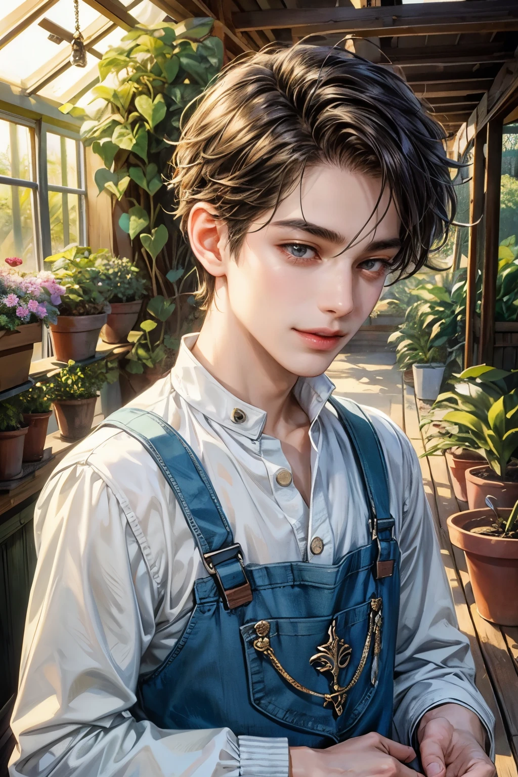 (masterpiece, top quality, best quality, official art, enchanting and aesthetic:1.2), (1 boy), smile face, male, guy, face focus, anime, teen guy, young man , best fashion outfit on boy in gardening outfit, plants vibes, extremely detailed accessory, pale skintone (realistic art:1.3),highest detail, kenouji, Teen, boy, young man, male, short hair, close-up face, perfect face, extremely clean details, extremely detailed surrounding greenhouse , very clean details