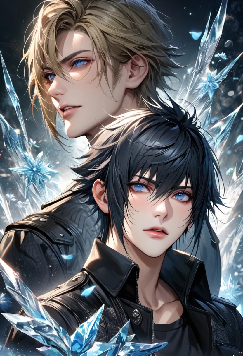 absurdres, highres, ultra detailed, HDR, master piece, best quality, extremely detailed face and eyes, perfect face, realistic face, beautiful eyes, Noctis Lucis Caelum, black hair, expressive blue eyes, Final Fantasy xv, Prompto Argentum, blond hair, expressive blue eyes, black jacket, black shirt, black belt, patterns, two men together, gay couple, handsome, ice butterflies, ice trees, ice flowers, ice petals