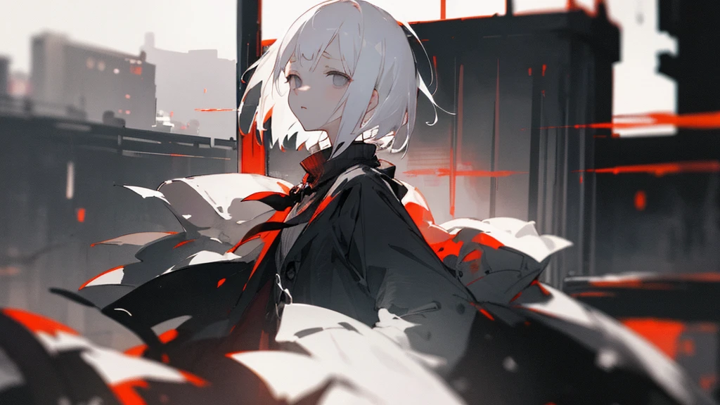 (masterpiece、highest quality)、Short nape hair、1 girl with very short white hair、Black cardigan、Grim expression、Grey Eyes、Warm lighting、 Blurred foreground、Deep in the night、High Contrast、night、In the city,it's snowing,Heavy snowfall,winter,Alone in the vast snowy field,whole body,curse,Facing forward,Huge construction,Flying with robot wings