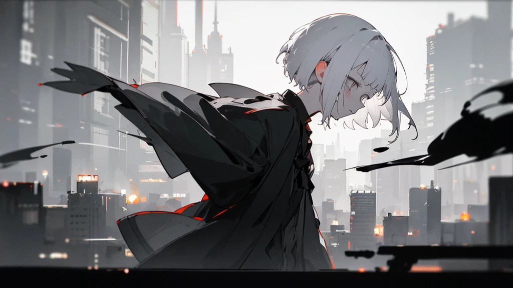 (masterpiece、highest quality)、Short nape hair、1 girl with very short white hair、Black cardigan、Grim expression、Grey Eyes、Warm lighting、 Blurred foreground、Deep in the night、High Contrast、night、In the city,it&#39;s snowing,Heavy snowfall,winter,Alone in the vast snowy field,whole body,curse,Facing forward,Huge construction,Flying with robot wings