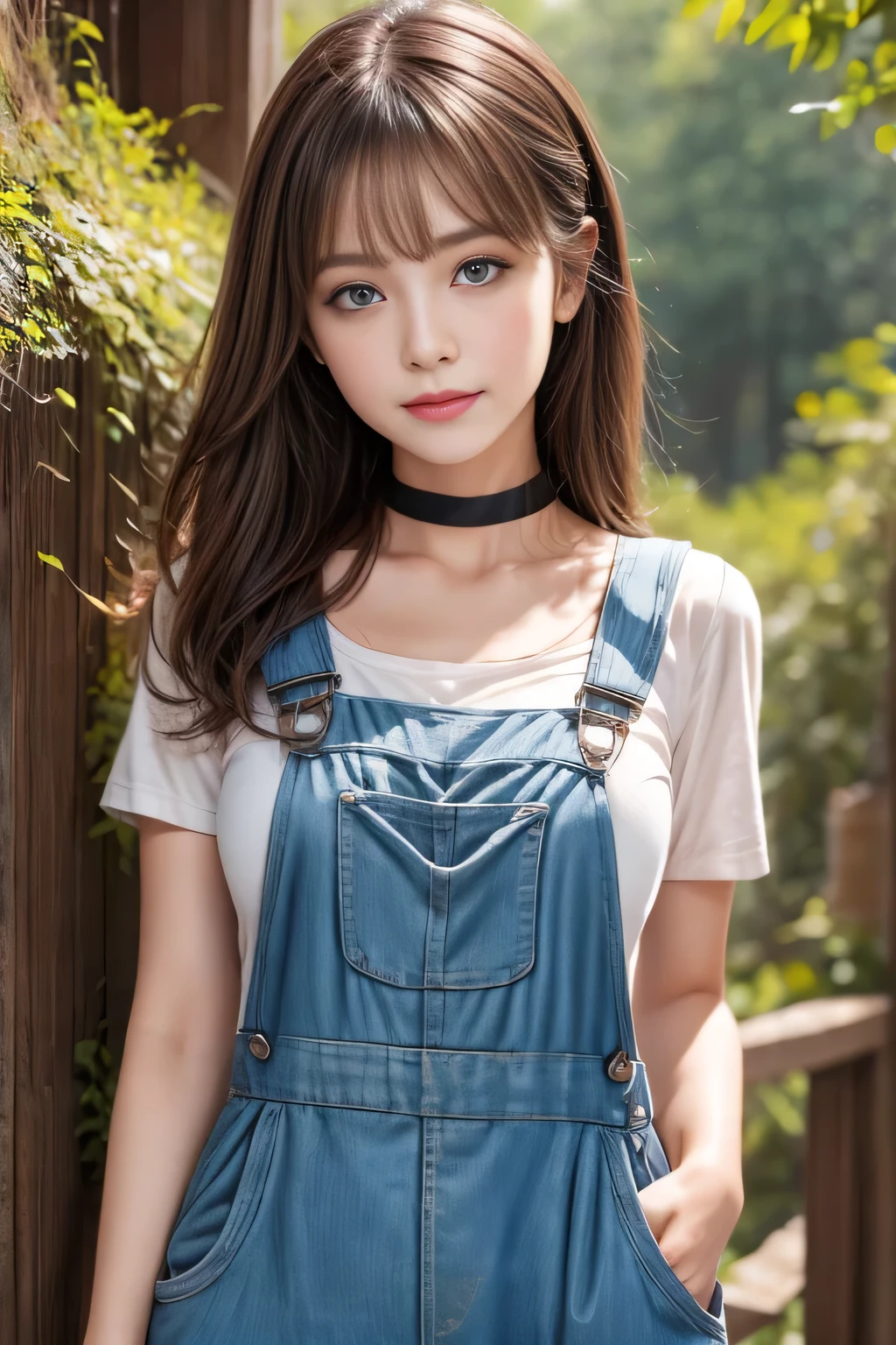 Very beautiful woman, Highly detailed eyes, Highly detailed face, Highly detailed lips, Super detailed everything, Attractive woman, Black Choker, blue eyes, Very long eyelashes, bangs, Big Breasts, highest quality, masterpiece, ((Slim face)), Japanese actress, ((High nose)), ((Mountain Girl)), Happy atmosphere, , ((forest, Dense forest)), mini skirt, ((Overalls))，Herb clusters、Working、Working