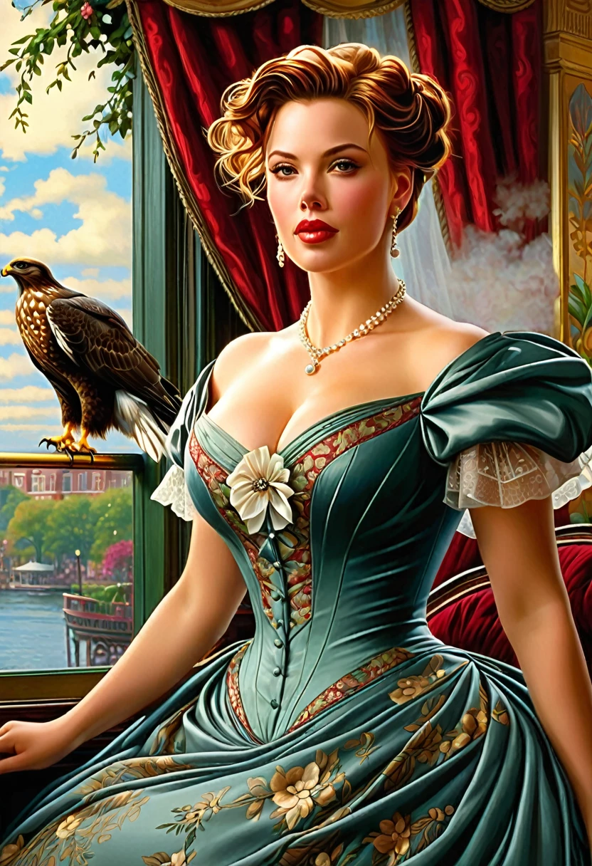 A Beautiful Aristacrat Woman With Large Elegant, Hawk-Like-Nose,. Who Embodies Old Fashioned Class, Sophistication, Elgance As Well As Wholesome, Natural Beauty. Curvy, Thin-Waist, Wide-Hips, Swaying-Hips. Scarlett Johanson. Oppulent Historically Accurate Victorian Dress. Greg Rutkowski, Thomas Kinkade
