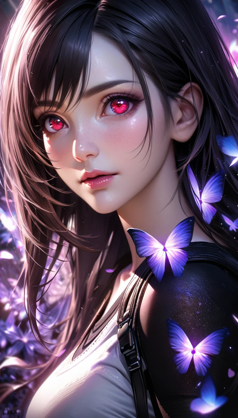 Ultra detailed, Highres, absurdres, HDR, master piece, Tifa Lockhart, black long hair, expressive red eyes, Final Fantasy VII Remake, purple ice flowers, petals, extremely beautiful, woman, solo, extremely detailed eyes and face, purple ice, purple ice glittering butterflies, realistic face, glittering,