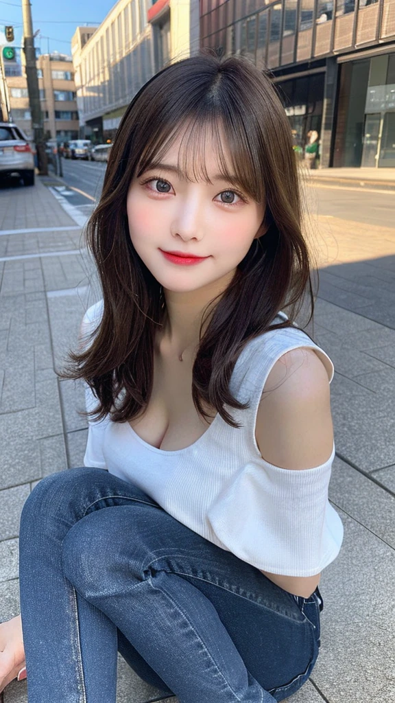 highest quality, shape, Very detailed, finely, High resolution, 8k wallpaper, 完璧なダイナミックな構shape, Beautiful and detailed, Summer clothes,Medium Hair,Natural color lip,smile,20-year-old girl、Midnight、Beautiful and elaborate face、Perfect and beautiful face、Slim face and figure,spread your arms wide,Big eyes,Take a photo with your face raised from below your knees、Small face、Beautifully detailed face、Perfect and beautiful double eyelids、Big cleavage、Long, slender legs、One Woman、gravure、Skinny jeans、Watching the audience、stroll