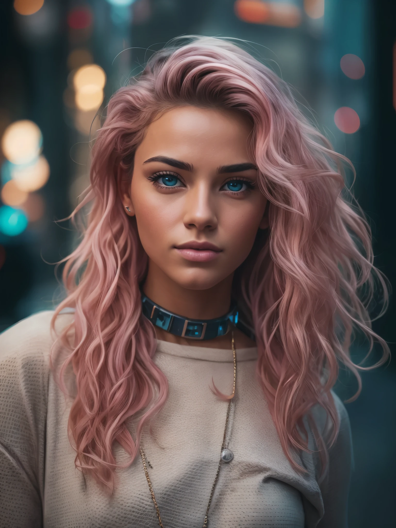 Full face portrait photo of a 25-year-old European girl, RAW, beautiful woman, beautiful lips:5, dimples, wistful look, (extra-long wavy pink-blond hair), ((detailed face)), ((detailed facial features)), (finely detailed skin), tanned skin, (deep neckline detailed casual clothing), cyberpunk neon city lights, (cool colors), damp, reflections, (masterpiece) (perfect proportion)(realistic photo)(best quality) (detailed) shot on a Canon EOS R5, 50mm lens, F/2.8, HDR, (8k) (wallpaper) (cinematic lighting) (dramatic lighting) (sharp focus) (intricate), RAW photo, RAW photo, gigachad photo, posing for camera, black jeans, back arms, 8k uhd, dslr, high quality, grain film, Fujifilm XT3, film stock photography 4 kodak portra 400 camera f1.6 lens rich colors hyper realistic texture dramatic lighting unrealengine trend in artstation cinestill 800 tungsten, toughboy style, ultra focus face, intimidating, in fighting position, short messy hair, muscular, bursting veins, beaded