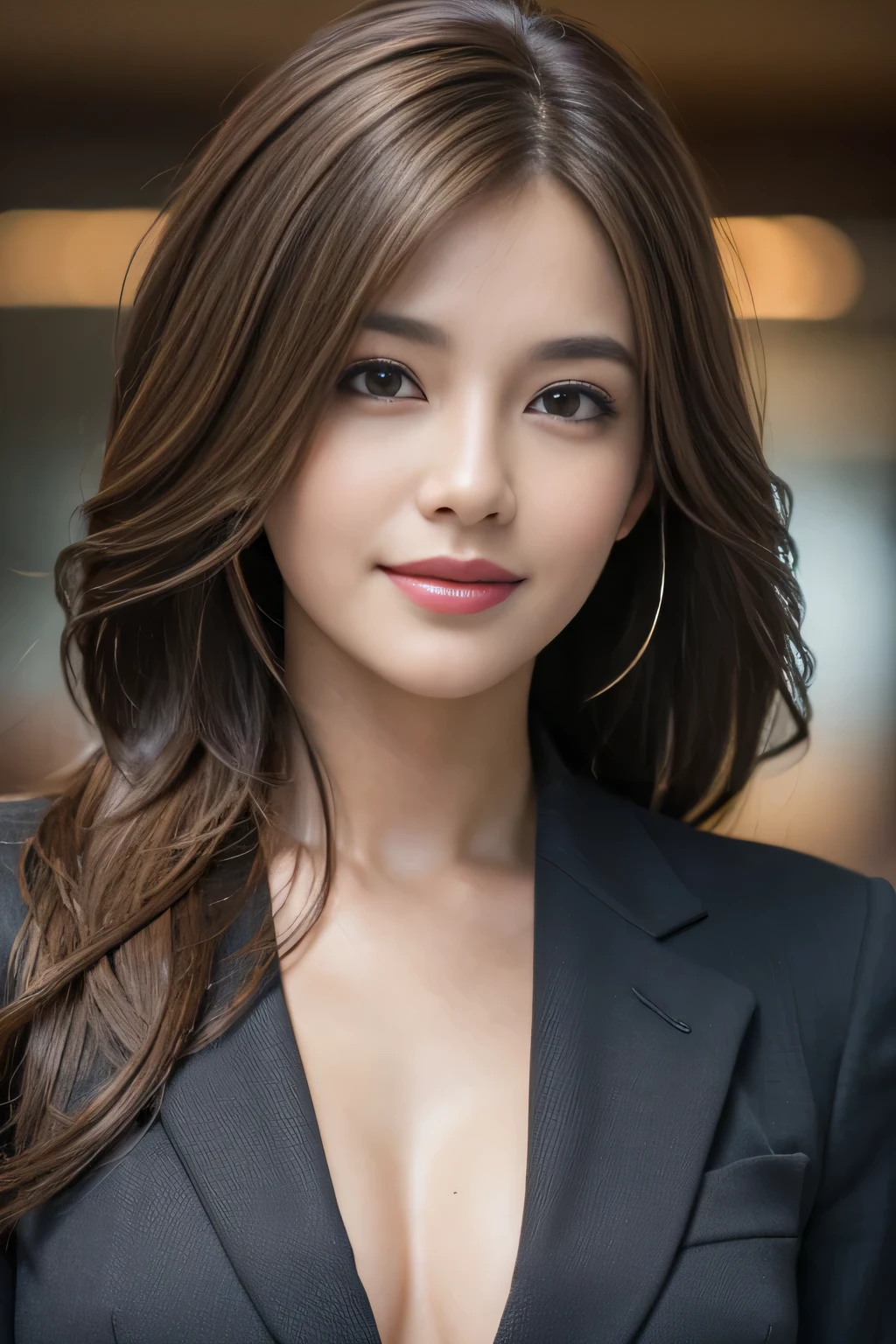 Tabletop, highest quality, Realistic, Very detailed, In detail, High resolution, 8k wallpaper, One beautiful woman,, Light brown messy hair, Wear a business suit, Sharp focus, Perfect dynamic composition, Beautiful details, Thin Hair, Detailed and realistic skin texture, smile, Close-up portrait, Model Body Type