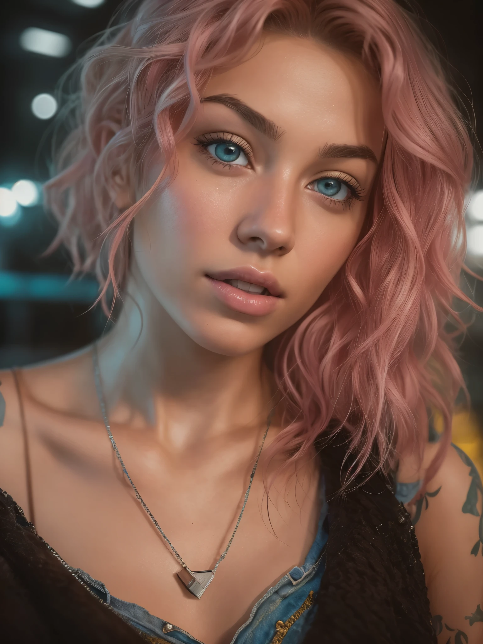 Full face portrait photo of a 25-year-old European girl, RAW, beautiful woman, beautiful lips:5, dimples, wistful look, (extra-long wavy pink-blond hair), ((detailed face)), ((detailed facial features)), (finely detailed skin), tanned skin, (deep neckline detailed casual clothing), cyberpunk neon city lights, (cool colors), damp, reflections, (masterpiece) (perfect proportion)(realistic photo)(best quality) (detailed) shot on a Canon EOS R5, 50mm lens, F/2.8, HDR, (8k) (wallpaper) (cinematic lighting) (dramatic lighting) (sharp focus) (intricate), RAW photo, RAW photo, gigachad photo, posing for camera, black jeans, back arms, 8k uhd, dslr, high quality, grain film, Fujifilm XT3, film stock photography 4 kodak portra 400 camera f1.6 lens rich colors hyper realistic texture dramatic lighting unrealengine trend in artstation cinestill 800 tungsten, toughboy style, ultra focus face, intimidating, in fighting position, short messy hair, muscular, bursting veins, beaded