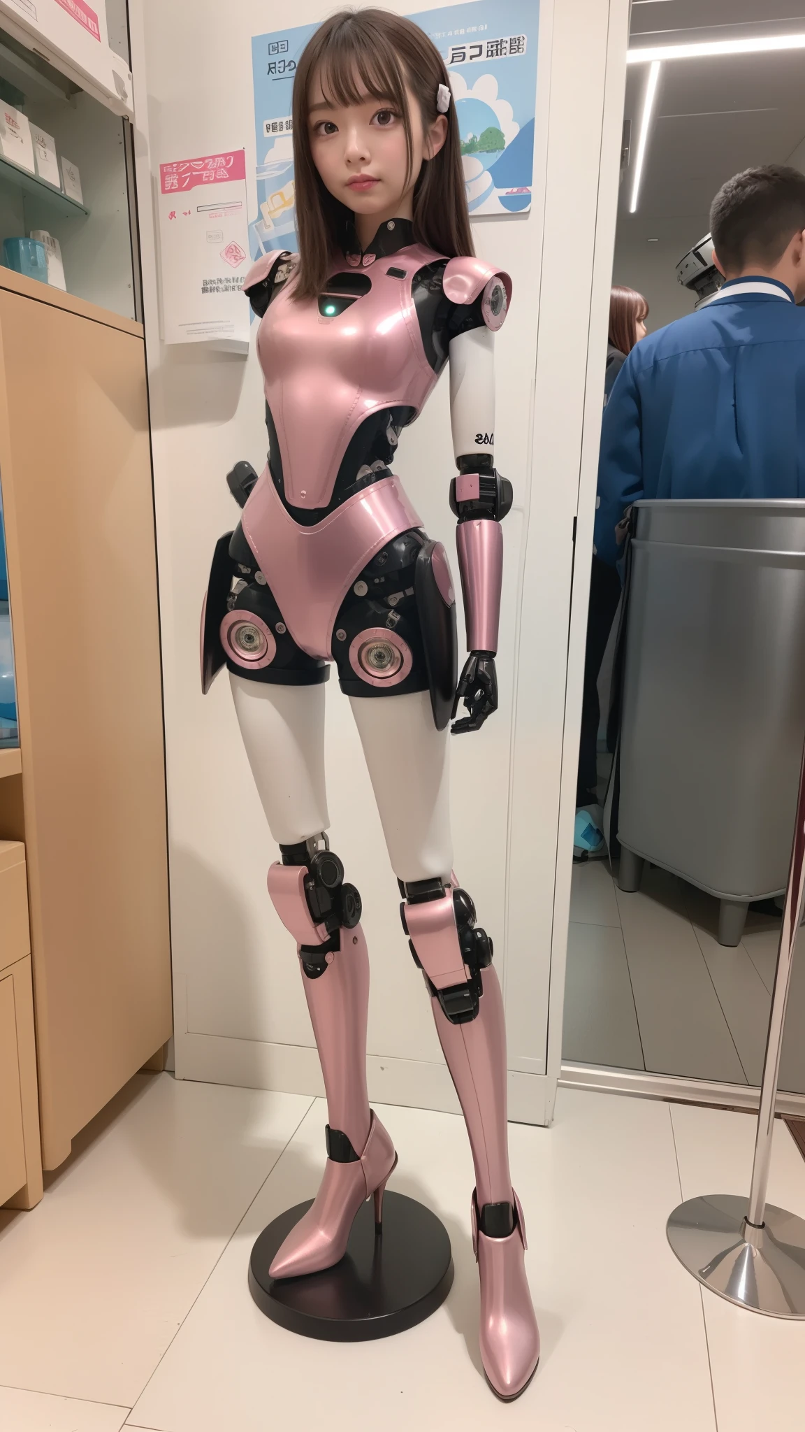 Robot Girl, pink there, Silver, Metallic body, Robot Parts, Metal Parts, Super Detailed Face, Super well-formed face, of the highest quality, a small face, a small head, Brown hair, Slender body, Camera gaze, Internal Mechanical Exposure, Idol, front facing, Well-proportioned body, sale, Exhibited, Event Hall, Moe Pose, pink metallic ta dress machine armor, Standing with legs open, Model body type, sad, Embarrassing,(Perfect Robot Girl),(Perfect machine body)