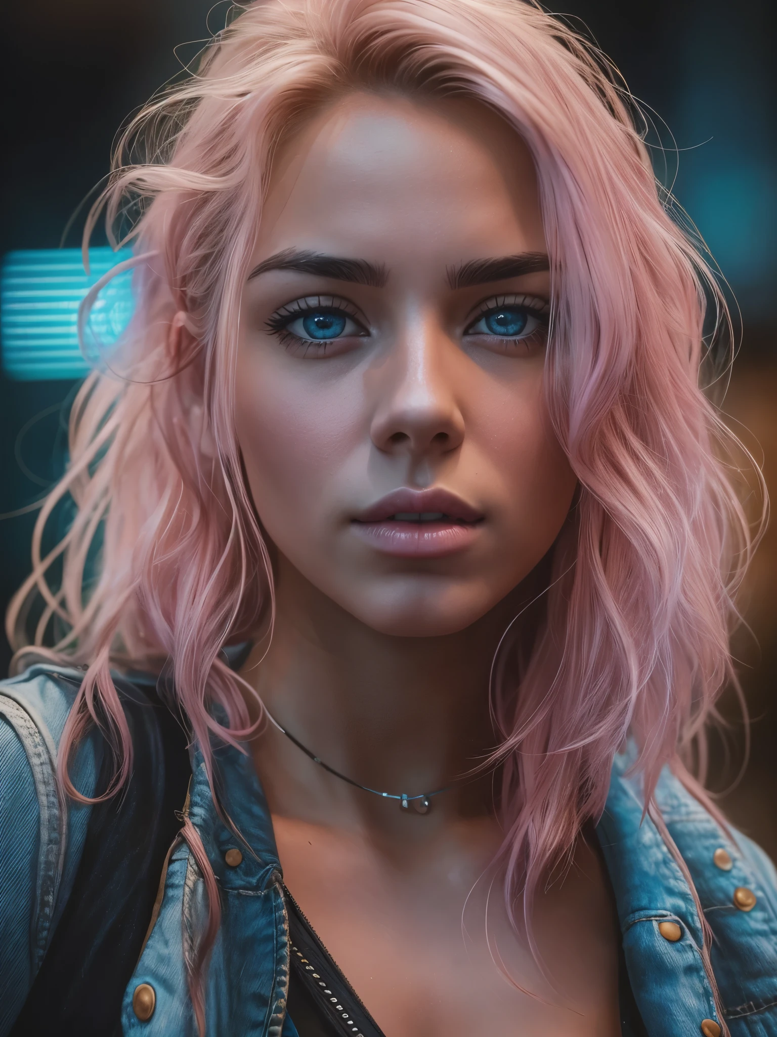 Full face portrait photo of a 25-year-old European girl, RAW, beautiful woman, beautiful lips:5, dimples, wistful look, (extra-long wavy pink-blond hair), ((detailed face)), ((detailed facial features)), (finely detailed skin), tanned skin, (deep neckline detailed casual clothing), cyberpunk neon city lights, (cool colors), damp, reflections, (masterpiece) (perfect proportion)(realistic photo)(best quality) (detailed) shot on a Canon EOS R5, 50mm lens, F/2.8, HDR, (8k) (wallpaper) (cinematic lighting) (dramatic lighting) (sharp focus) (intricate), RAW photo, RAW photo, gigachad photo, posing for camera, black jeans, back arms, 8k uhd, dslr, high quality, grain film, Fujifilm XT3, film stock photography 4 kodak portra 400 camera f1.6 lens rich colors hyper realistic texture dramatic lighting unrealengine trend in artstation cinestill 800 tungsten, toughboy style, ultra focus face, intimidating, in fighting position, short messy hair, muscular, bursting veins, beaded