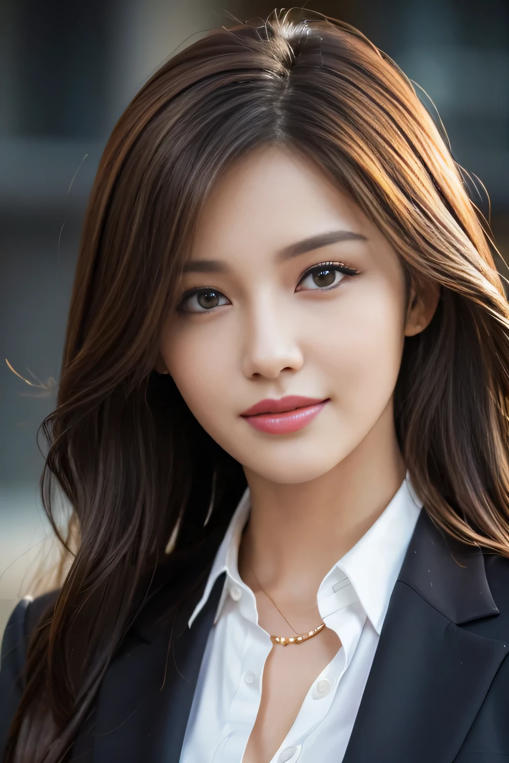 Tabletop, highest quality, Realistic, Very detailed, In detail, High resolution, 8k wallpaper, One beautiful woman,, Light brown messy hair, Wear a business suit, Sharp focus, Perfect dynamic composition, Beautiful details, Thin Hair, Detailed and realistic skin texture, smile, Close-up portrait, Model Body Type
