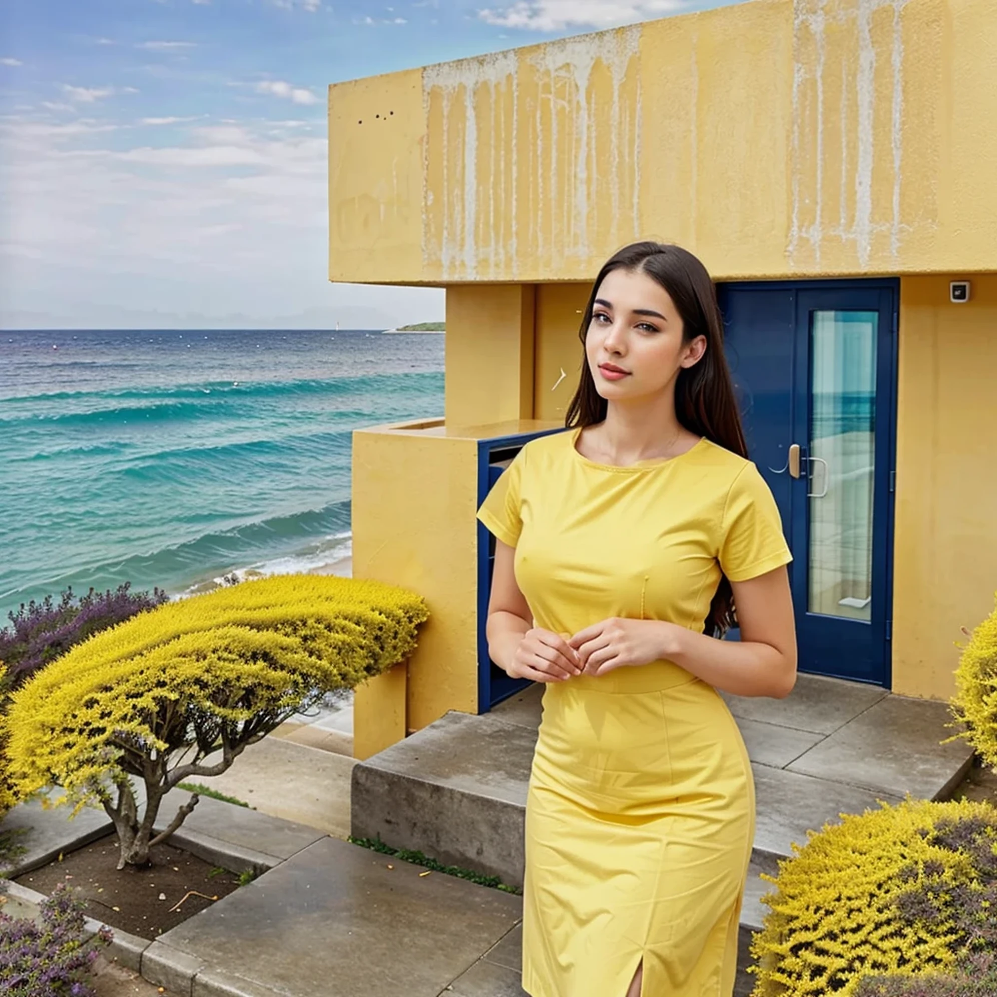best quality, masterpiece, highres, a realistic office image in front of the sea in the colors yellow, blue, red, greener, gray, purple, black