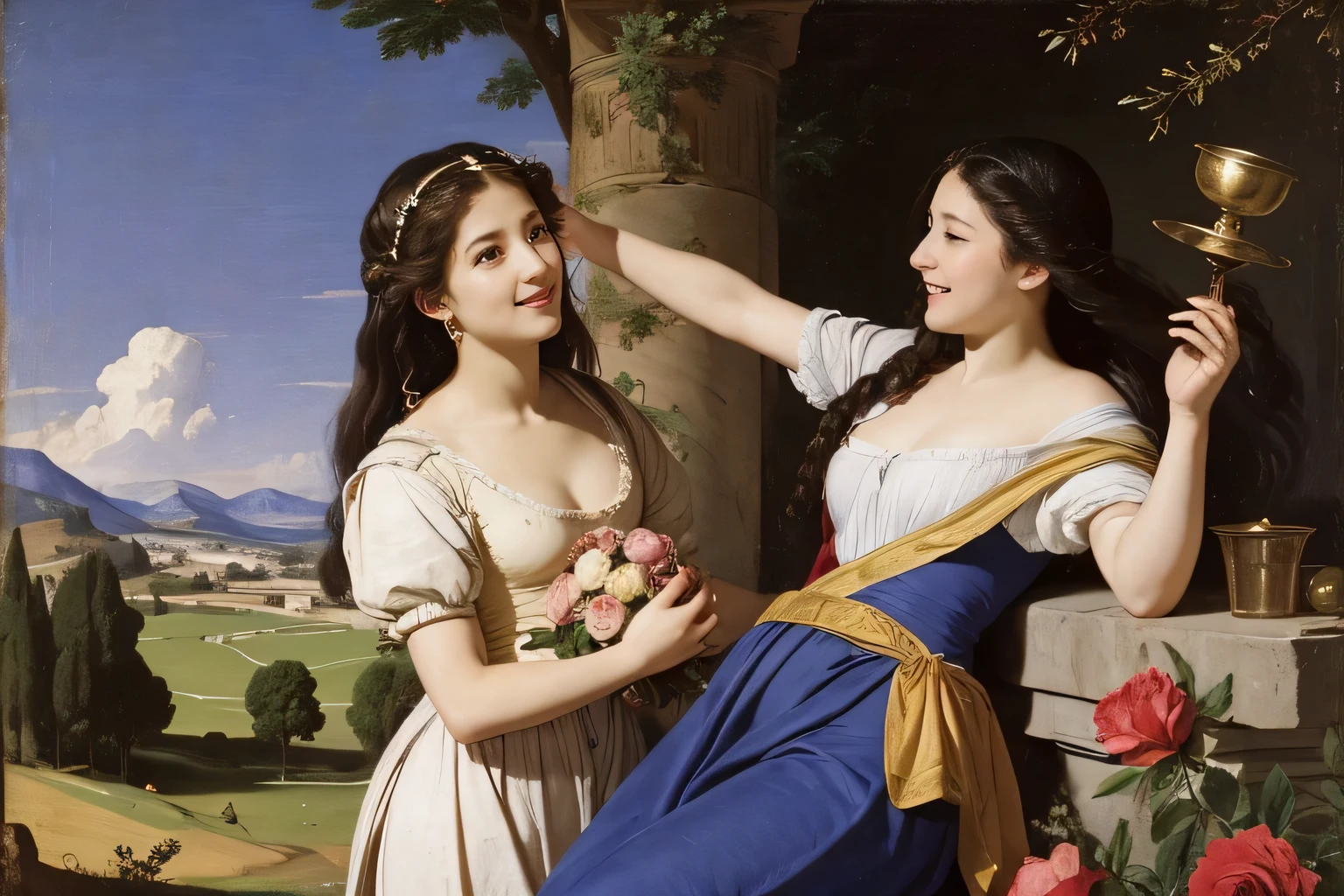 Prompt: Prompt: full body portrait or statue、Giorgione painting style,Arguments of two female Philosophe,math、astronomical machine、astronaut、roses in vase、fruits、Cute trinkets、smile、ancient greek costume、Ancient Roman landscape in the style of Nicolas Poussin,laughter,,Sweet and seductive appearance.、Caravaggio's paintings、Chiaroscuro of Caravaggio、hair tousled by the wind,Two women frolicking,cute smile, expression of ecstasy,Sexy,erotic