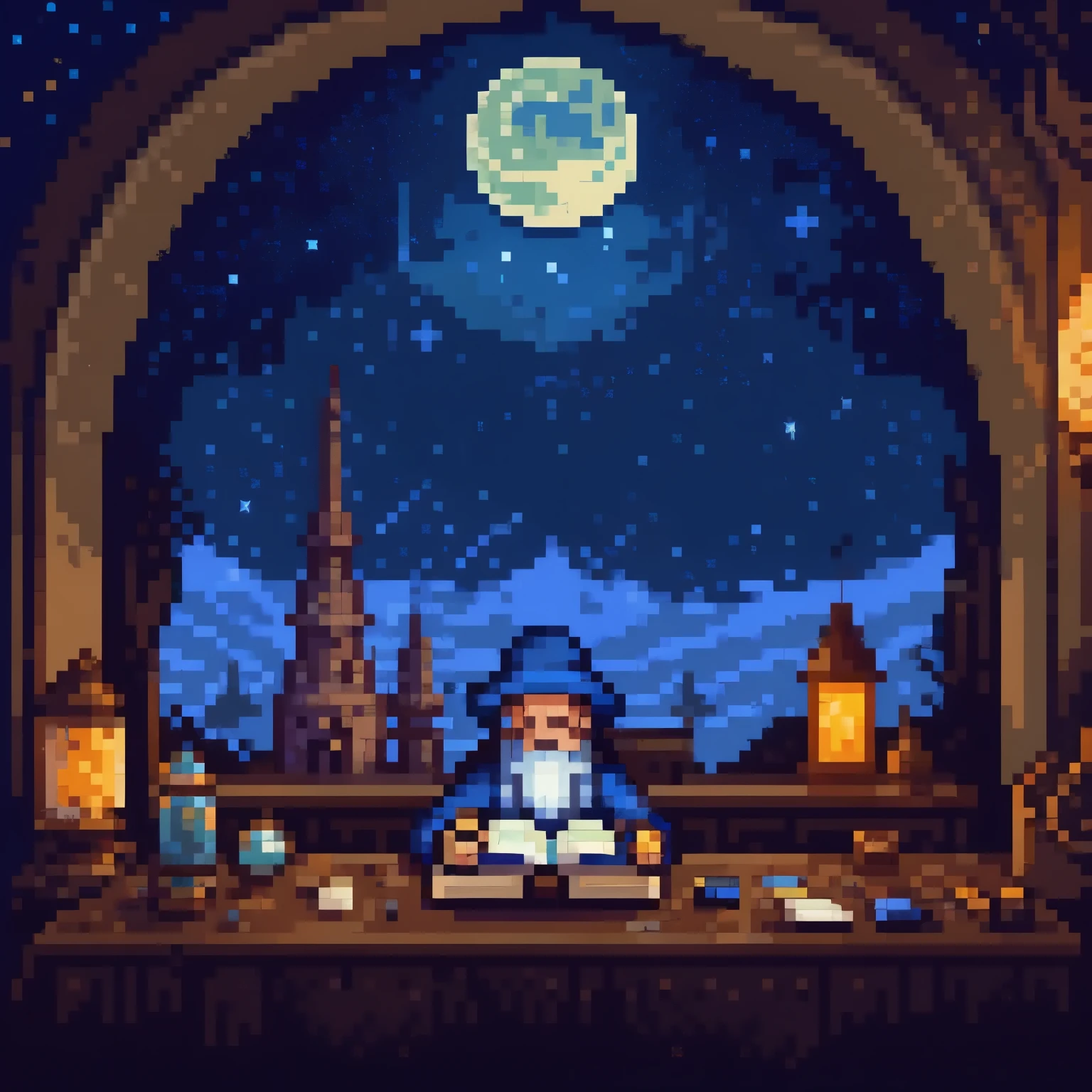 In the pixel art scene, we see a classic wizard sitting at his desk inside his towering wizard's tower. The wizard is depicted with a long, flowing beard and a pointy hat adorned with stars and moons. His robes are deep blue, with intricate patterns woven into the fabric. He sits with his back straight, deeply engrossed in his studies, surrounded by ancient tomes and scrolls stacked high on shelves lining the walls of the tower. The desk itself is cluttered with potions, vials, and various magical artifacts, each pixel meticulously crafted to convey their unique shapes and colors. The wizard's hand rests on an open book, its pages filled with arcane symbols and diagrams glowing softly with magical energy. Outside the tall windows of the tower, the landscape stretches out into the distance, with pixelated trees and rolling hills fading into the horizon. The sky above is dotted with stars, while the moon casts a soft glow over the scene. Overall, the pixel art captures the essence of a classic wizard at work, immersed in the pursuit of knowledge and magic within the confines of his mystical tower.
