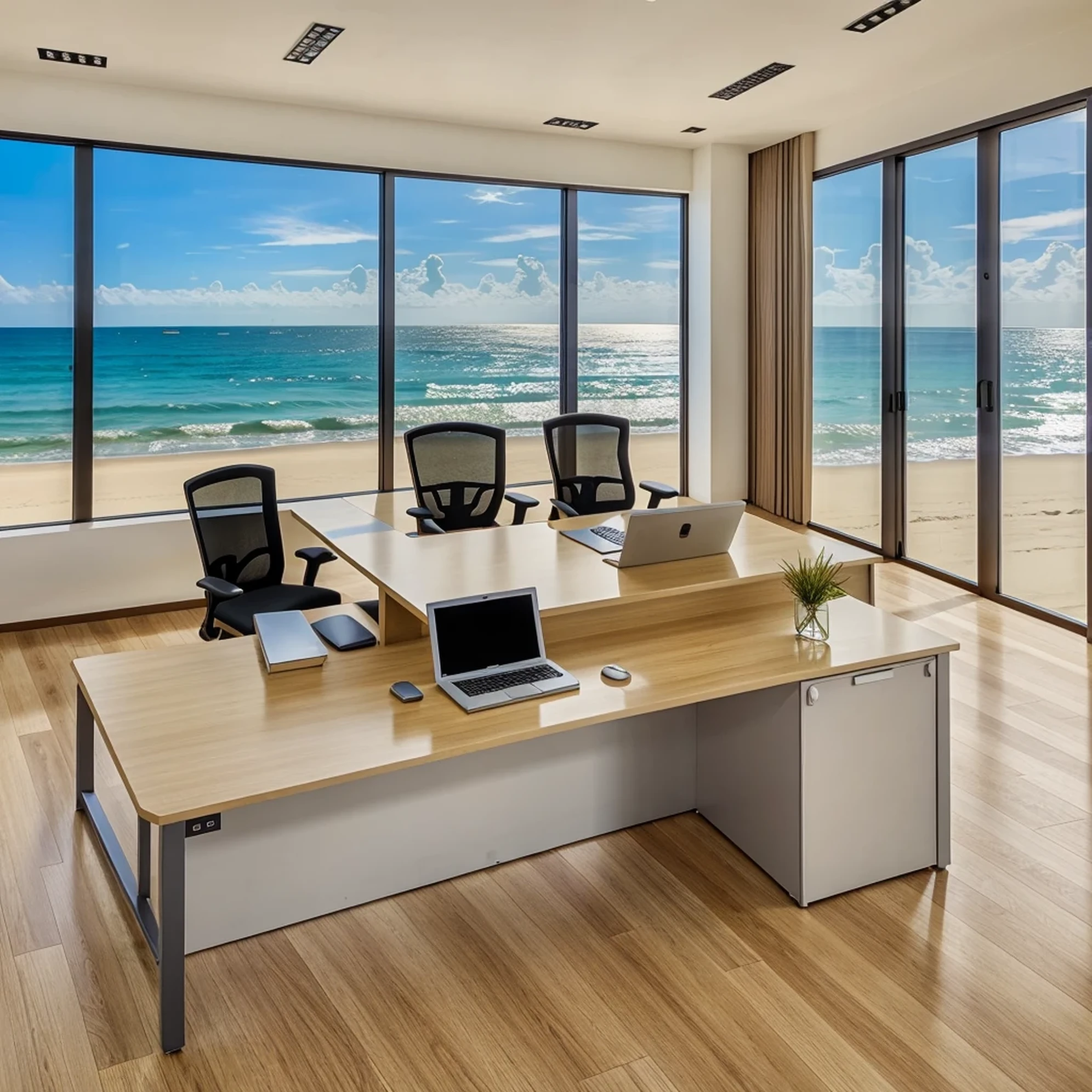 best quality, masterpiece, highres, a realistic office image in front of the sea in the colors yellow, blue, red, greener, gray, purple, black