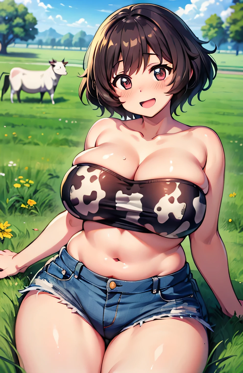 Anime illustration、highest quality、A short and voluptuous high school girl idol、Campaign Girl、Cow print tube top、hot pants、Pasture、grazing、Perfect proportions、overwhelmingly big breasts、Beautiful, shining eyes、Blushed、smile、Cowboy Shot、Thick legs