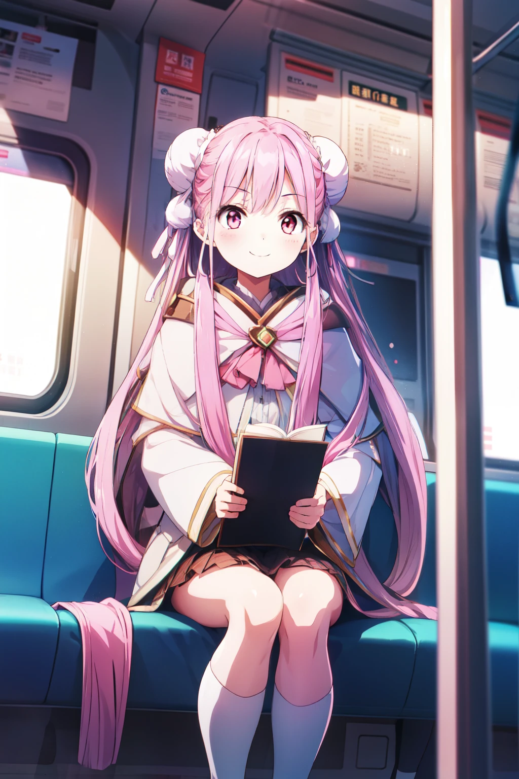 Absurd, High resolution, (Official Art, beautiful), Super detailed, sit in a train seat, Illumination, effect,masterpiece, highest quality, High resolution, {緻密でbeautiful目}, finely,  緻密でbeautiful目, (alone:1.5),  (Hair Ribbon:0.4), Pink Eyes,Cinematic Angles,perspective,White bun hair,Long pink hair,whole body,Refers to 5 books,smile