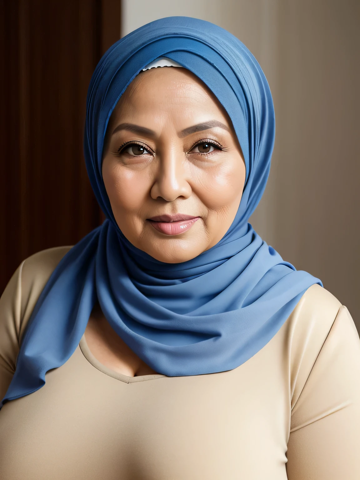 (Realistic) ((Hijab)) (real mature face) (old beauty) 68 Years old fat Brunei mature woman, sexy curvy, (sexy chubby body shape), Big : 34.9, soft smile, facing at camera, half body - professional photography with excellent lighting