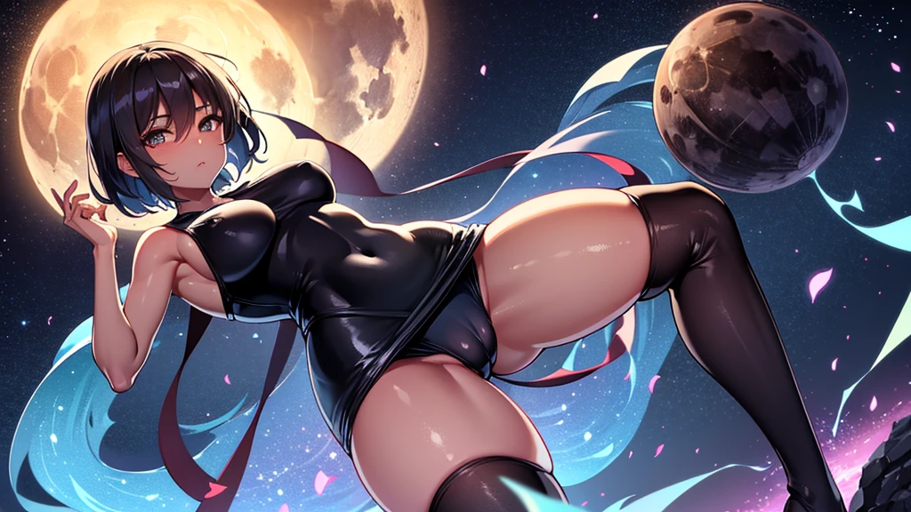 touhou project, full body, Girls' Front, Beautiful detailed girl, teenage girl, very short hair, eyes visible through hair, detailed black hair, extremely beautiful detailed anime face and eyes, ^ ^, beautiful detailed eyes, ,p, huge breasts, Bare navel, thighhighs, black eyes, (((dark skin))), (((school swimsuit))), pale blue Clothes, dream pools, detailed beautiful sky, full moon, luminous particles, extremely detailed 8K wallpaper, very fine 8KCG wallpaper, hyper quality,