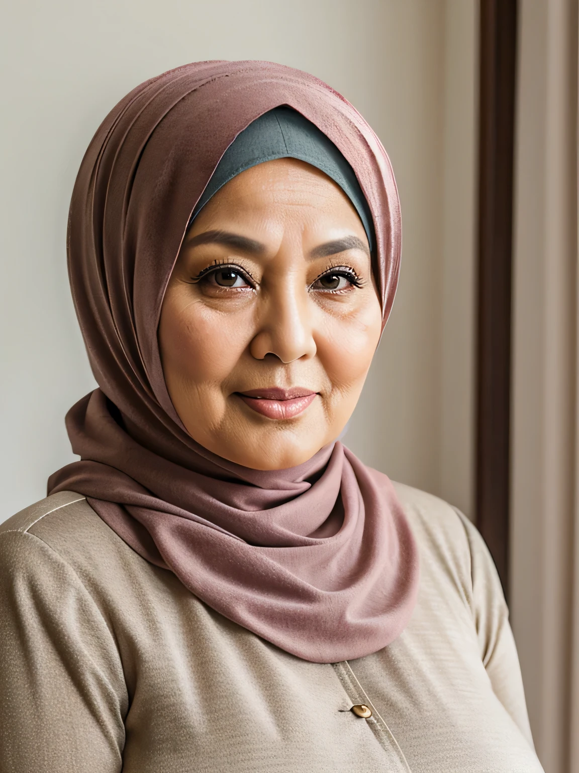 (Realistic) ((Hijab)) (real mature face) (old beauty) 68 Years old fat Brunei mature woman, sexy curvy, (sexy chubby body shape), Big : 34.9, soft smile, facing at camera, half body - professional photography with excellent lighting