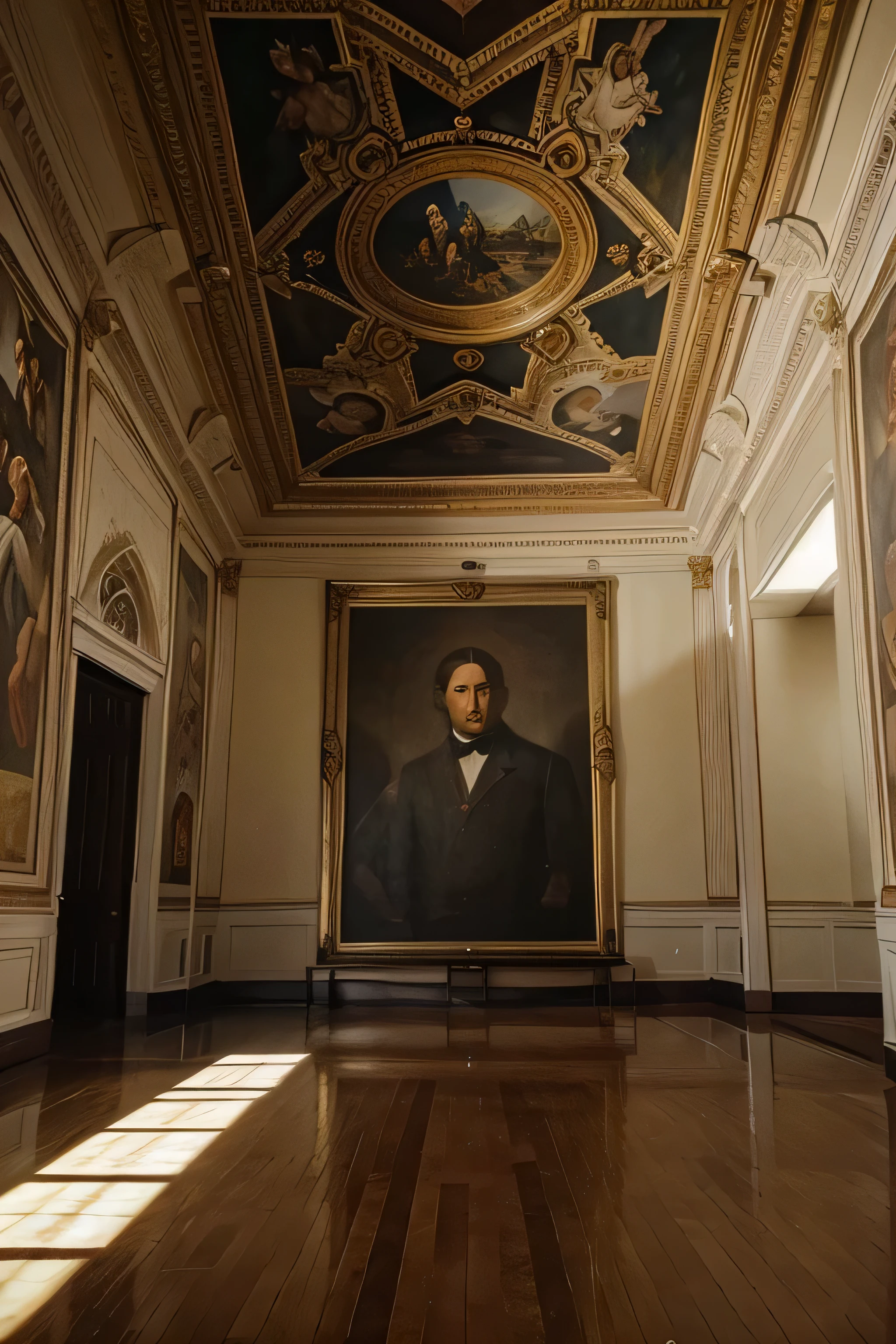 make me a big mafia room with a painting in the center in a perspective that shows the ceiling of the room, mostre o quadro inteiro. Angulo capturado por lente grande angular