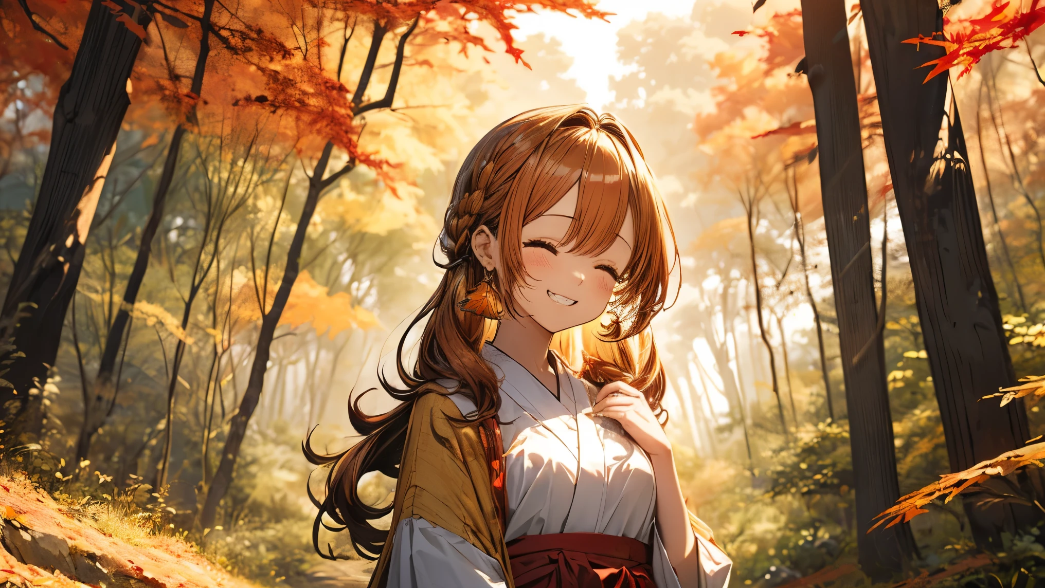 Absurd, Ultra-detailed,Bright colors, (One Girl:1.4),(A forest with very beautiful autumn leaves:1.5),Very beautiful and detailed anime faces and eyes, (Fox personification:1.3),Blushing、Yellow skin、(Brown smooth straight hair:1.3)、Bright kimono based on yellow、Full of autumn leaves、(Autumn Dusk 1.3)、Orange View、Shiny Hair,Depth of written boundary, Delicate and beautiful face,白い肌ピンク色のLong Hair,Barrette, Earrings,(close your eyes、Sad Smile:1.4),(Double teeth:1.1),Pink hair color,Long Hair