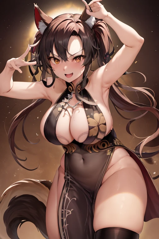 masterpiece, best quality, beautiful art, high resolution, well formed hands, body and fingers, 1 woman, solo, Imaizumi Kagerou, wolf ears and wolf tail, grown up, adult, big breasted, cleavage, full body, , wearing a Bremerton kung Fu cruiser outfit, sexy and skimpy chinese dress outfit , long hair, hair ornament, gorgeous legs and thighs, she is fighting in a combat match at a martial arts tournament, she is getting ready to fight, making her guard pose, action and fighting scene, about to hit the viewer, looking at the viewer, sweating , feeling confident and proud, smiling joyfully and happily, charming her opponent with her beauty, bouncing breasts, fighting scene, martial arts tournament on the beach