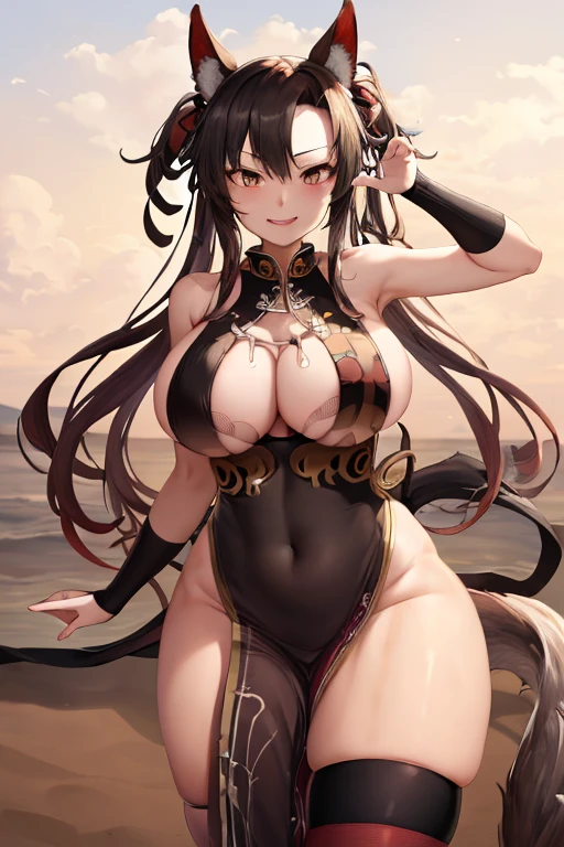 masterpiece, best quality, beautiful art, high resolution, well formed hands, body and fingers, 1 woman, solo, Imaizumi Kagerou, wolf ears and wolf tail, grown up, adult, big breasted, cleavage, full body, , wearing a Bremerton kung Fu cruiser outfit, sexy and skimpy chinese dress outfit , long  hair, hair ornament, gorgeous legs and thighs,  she is fighting in a combat match at a martial arts tournament, she is getting ready to fight, making her guard pose, action and fighting scene, about to hit the viewer, looking at the viewer, sweating , feeling confident and proud, smiling joyfully and happily, charming her opponent with her beauty, bouncing  breasts, fighting scene, martial arts tournament on the beach 