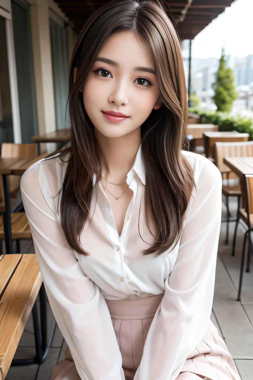 highest quality, Realistically, Very detailed, About pubic hair, High resolution, 8k wallpaper, One beautiful woman, Pink wet lips, Light brown messy hair, Wearing a suit, shirt, White Skirt, Lock focus, Perfect dynamic composition, Beautiful Eyes, Delicate Hair, Detailed Realistically skin texture, smile, Close-up portrait, Model Body Type, On the open terrace of the cafe, Blurred Background, (Full Body Shot), Take photos from a distance, Random body orientation,Sitting in a chair、