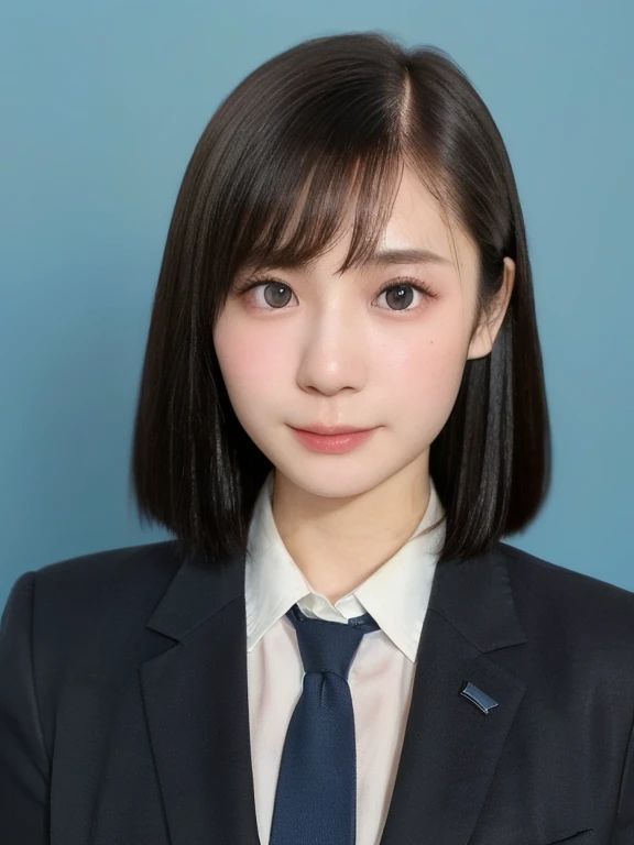 (kawaii 24 year-old Japanese girl, Nogizaka idol, Korean idol), (glossy black hair, short bob, even and symmetric hair design:1.3), (deep black eyes, rounded face, single eyelid, no makeup, serious expression:1.2), (wearing suit jacket, collared shirt, necktie:1.3), (extra small breasts:0.9), (facing straight at camera:1.2), BREAK, (simple blue background, yearbook background:1.3), (portrait, id photo, bust shot, view from straight forward:1.3), (keep enough top margin to avoid the head cropped:1.3), BREAK, (masterpiece, best quality, photo realistic, official art:1.4), (UHD, 8K quality wallpaper, high resolution, raw photo, golden ratio:1.3), (shiny skin), professional lighting, physically based rendering, award winning, (highly detailed skin, extremely detailed face and eyes), Carl Zeiss 85 mm F/1.4, depth of field, 1girl, solo,