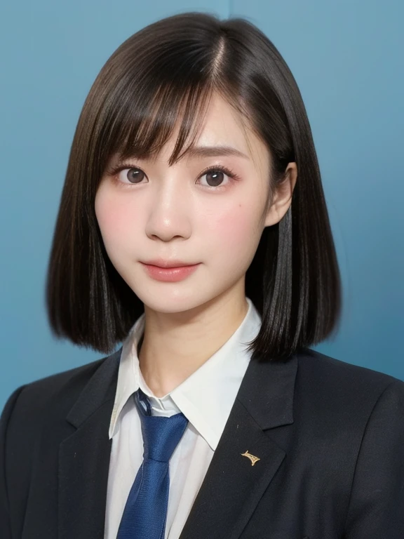 (kawaii 24 year-old Japanese girl, Nogizaka idol, Korean idol), (glossy black hair, short bob, even and symmetric hair design:1.3), (deep black eyes, rounded face, single eyelid, no makeup, serious expression:1.2), (wearing suit jacket, collared shirt, necktie:1.3), (extra small breasts:0.9), (facing straight at camera:1.2), BREAK, (simple blue background, yearbook background:1.3), (portrait, id photo, bust shot, view from straight forward:1.3), (keep enough top margin to avoid the head cropped:1.3), BREAK, (masterpiece, best quality, photo realistic, official art:1.4), (UHD, 8K quality wallpaper, high resolution, raw photo, golden ratio:1.3), (shiny skin), professional lighting, physically based rendering, award winning, (highly detailed skin, extremely detailed face and eyes), Carl Zeiss 85 mm F/1.4, depth of field, 1girl, solo,