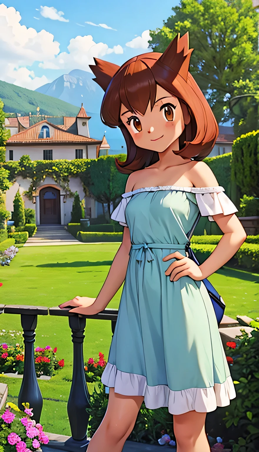 masterpiece, best quality, highres, outdoors, small breasts, 1 girl, solo, Pokemon Heroes (Bianca), Brown Hair, brown eyes, Beautiful Detail Eyes, Good hands are down, Smile, Blushing, Bare Neck, Bare Shoulders, strapless, White Ruffle Off-the-Shoulder maxi dress. Standing up. Cowboy shot. A landscape of blue skies, a mountain, a mansion, an garden maze, in the center