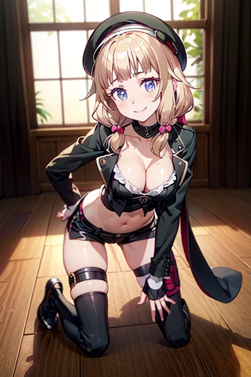 ubel,((ubel of Frieren: Beyond Journey's End )),dark green hair,long hair,side ponytail,hair between eyes,bangs, (miritary beret, black jacket, open clothes, cleavage, midriff, black shorts, black thighhighs, thigh strap, fingerless gloves, single glove:1.2) , (dynamic angle:1.3, front view:1.1, breast focus:1.3, from below:1.2), (dynamic posing:1.5, sexy posing:1.2, leaning forward), (seductive smiling:1.3),(*K) HD, highest quality, WorKs of masters, High resolution, spread legs, panties shot,1 girl, small nose,(with sparkling eyes and a contagious smile), very beautiful detailed face and eyes, bright colors, cute face, delicate beautiful face, Bright magenta eyes, cute eyes, sparkling eyes, Big eyes, (big breasts:1.3), (perky chest:1.1), (pointed chest:1.0), medium hips, glamorous body, white skin, smile, thin pubric hair, shiny hair, super beautiful face, Super beautiful eyes, Super beautiful hair,trendy outfit,sexy and attractive,explosion of colors,big hairpin,full body esbian,illegal occupation, Real World, Natural light,perfect Natural light,looking at viewer,