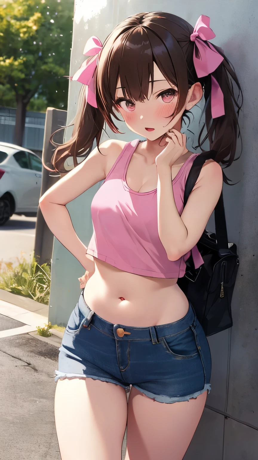 2D，highest quality，(masterpiece)，(full body)，semi-long，twin tails，brown hair，wavy hair，(Pink tied ribbon)，1 girl，young，small ears，healthy dark skin，sunburn，(denim hot pants)，pink tank top，barefoot，flip flops，(attractive thighs)，butt，Plump figure，belly button，summer，School zone，outside，get drunk，Sweat，Upper grades of elementary school，，cheeks are bright red，low length，(bent forward pose)， (put your hands on your hips)，(pink bag in hand)，Cute with bruises，erotic，i feel it，denim hot pants，breathing heavily，female brat，A devilish brat