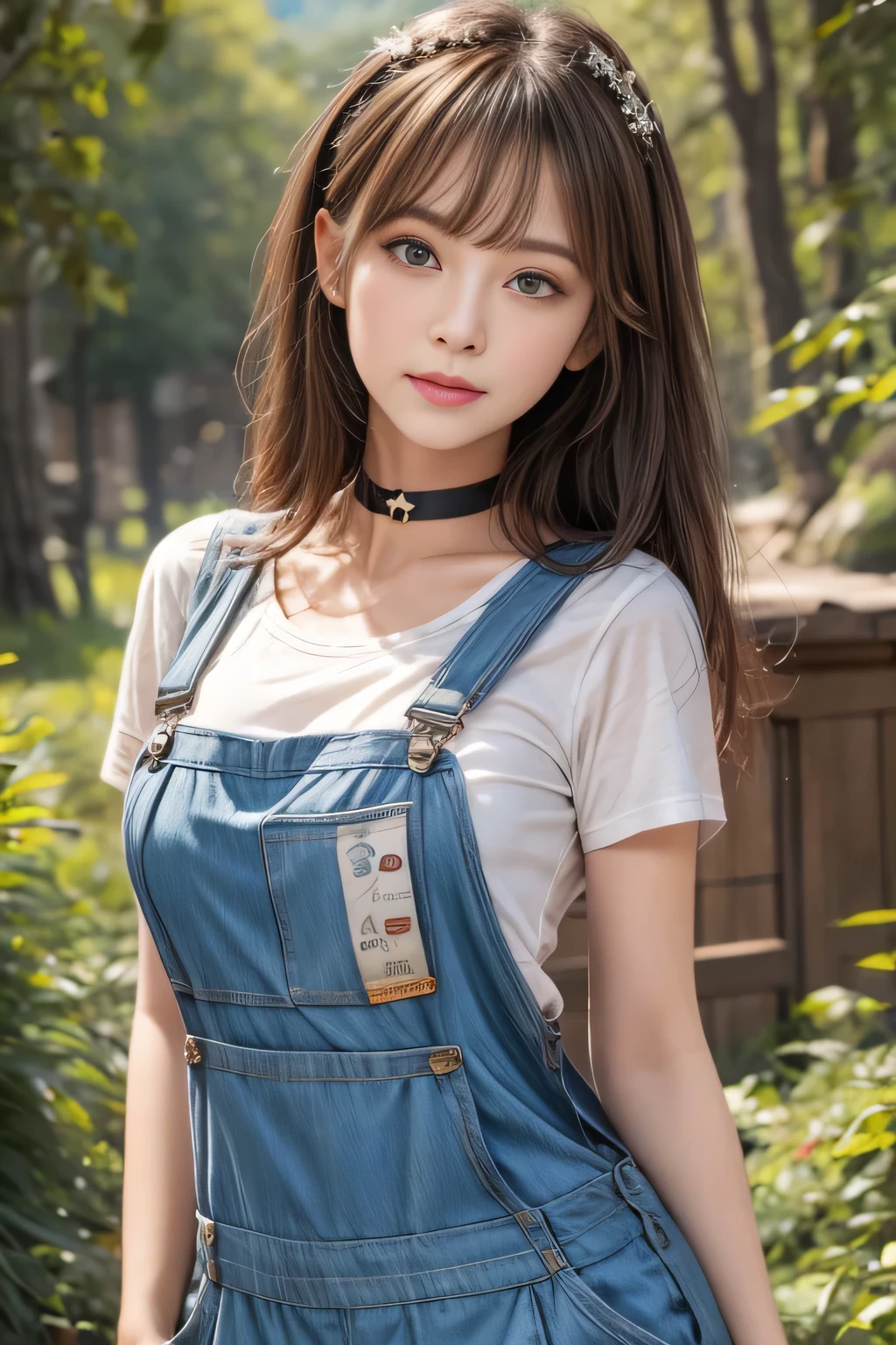 Very beautiful woman, Highly detailed eyes, Highly detailed face, Highly detailed lips, Super detailed everything, Attractive woman, Black Choker, blue eyes, Very long eyelashes, bangs, Big Breasts, highest quality, masterpiece, ((Slim face)), Japanese actress, ((High nose)), ((Mountain Girl)), Happy atmosphere, , ((forest, Dense forest)), mini skirt, ((Overalls))，Herb clusters、Working、Working, T-Shirts:-1.2