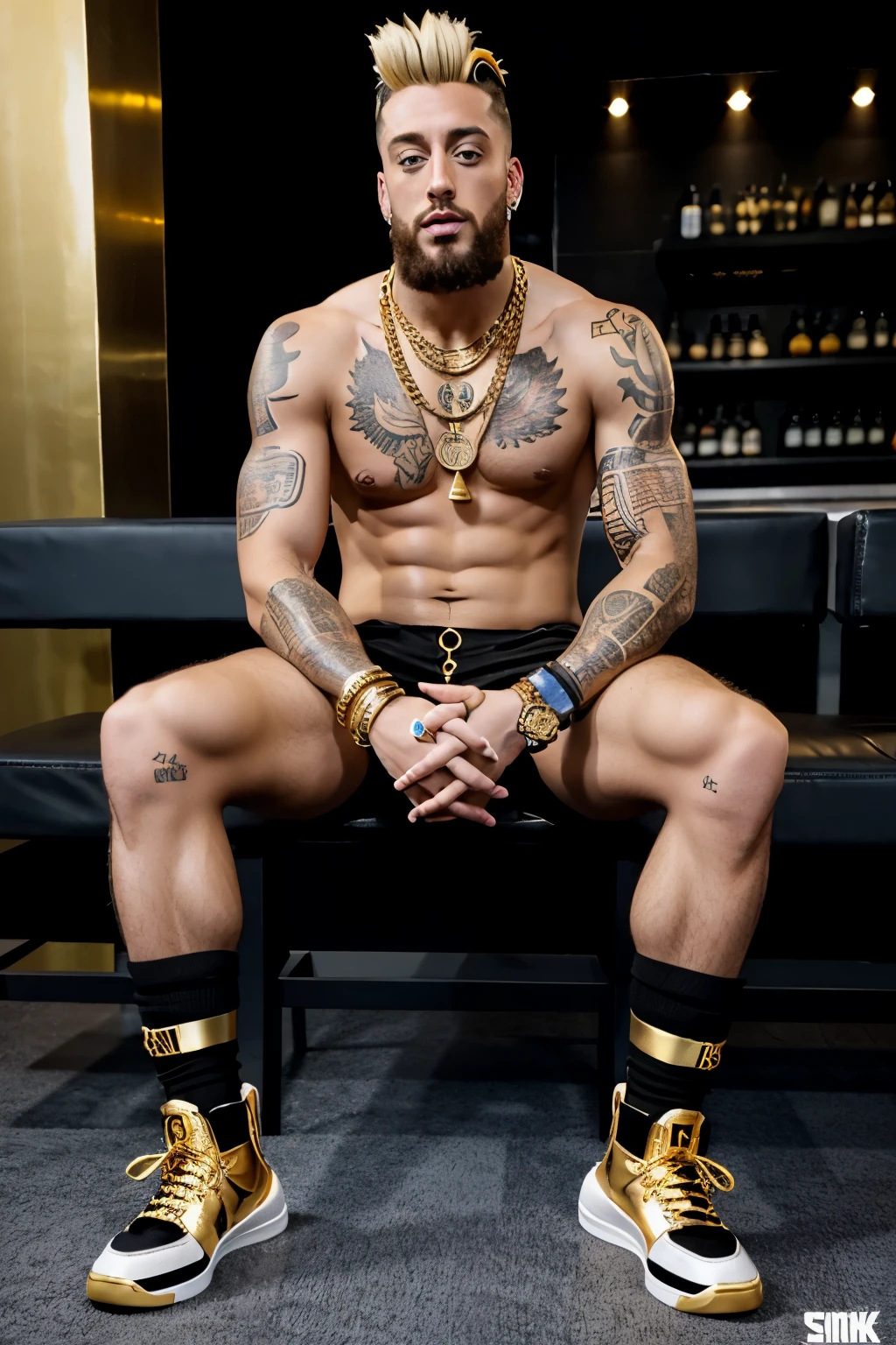 full view full body Enzo Amore nude in black socks and golden hi-top neakers, golden rings, necklaces, bracelets