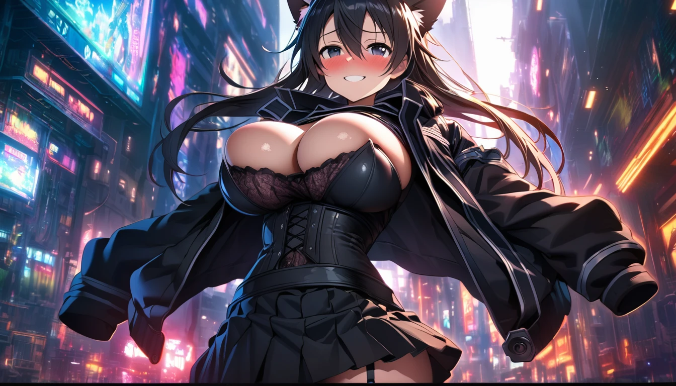 Sword Art Online Kirito, black garter belt,Super big breasts breast enlargement , overthrown Jacket, skirt, corset Cat ears yandere smile blush sci-fi urban full-body shot illustration, ultra-detailed, HDR, vibrant colors, soft lighting